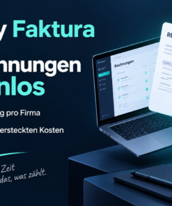 Online-Rechnungsprogramm Zerry Faktura: Laptop und PDF-Rechnung mit Hinweis auf zehn kostenlose Rechnungen