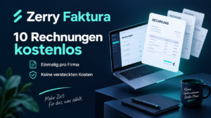 Online-Rechnungsprogramm Zerry Faktura: Laptop und PDF-Rechnung mit Hinweis auf zehn kostenlose Rechnungen